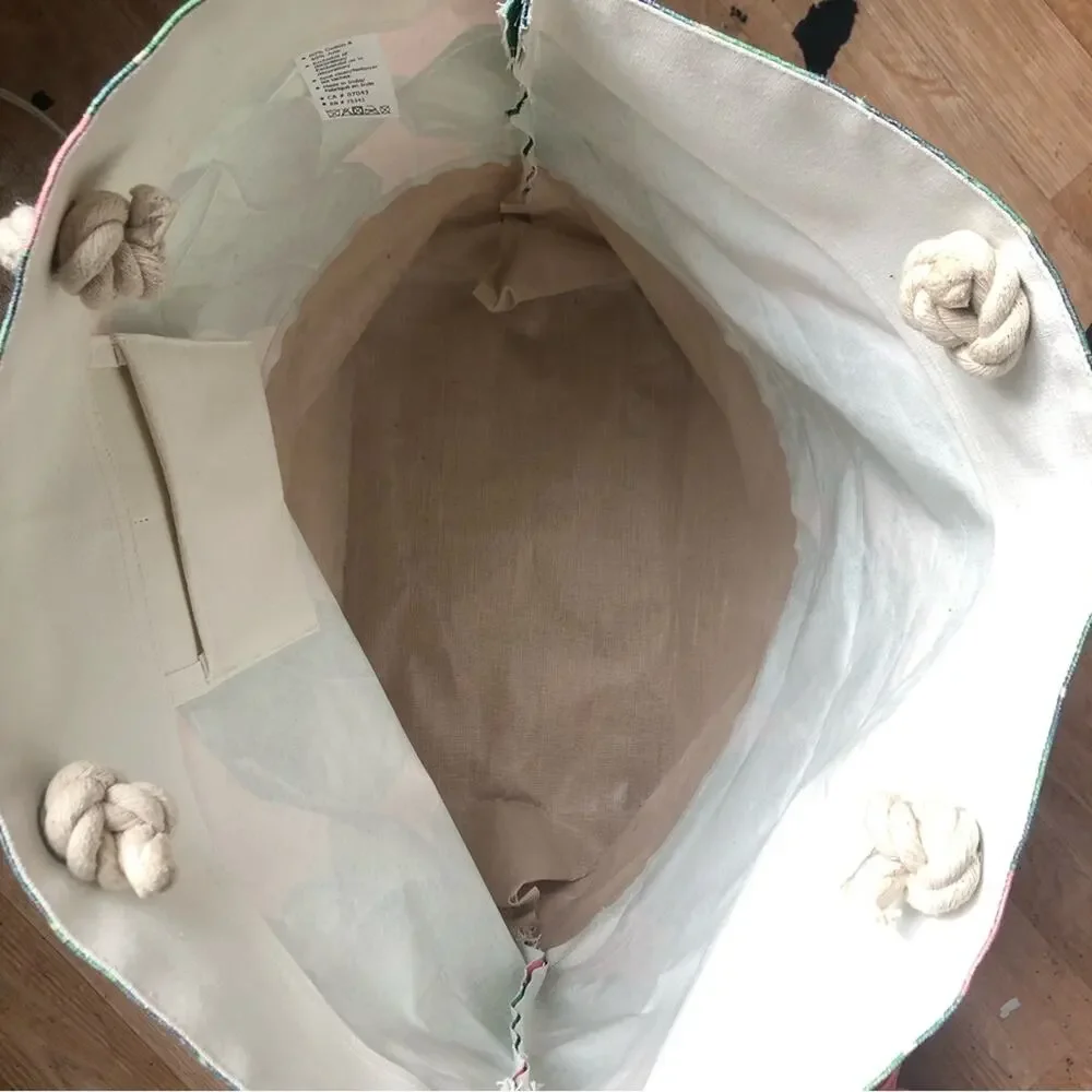 NWT Tommy Bahama cotton and jute tropical pink and green tote - Picture 3 of 5